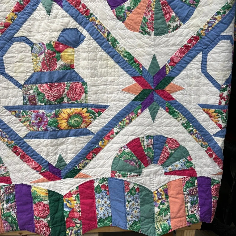Vintage Hand Stitched Patchwork Quilt 86x80 Dresden Plate Teapot Appliqué Flaw